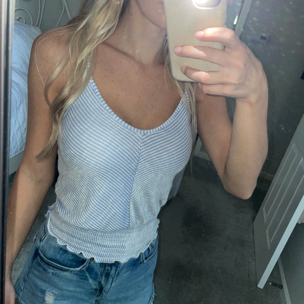 Blue striped v neck tank top